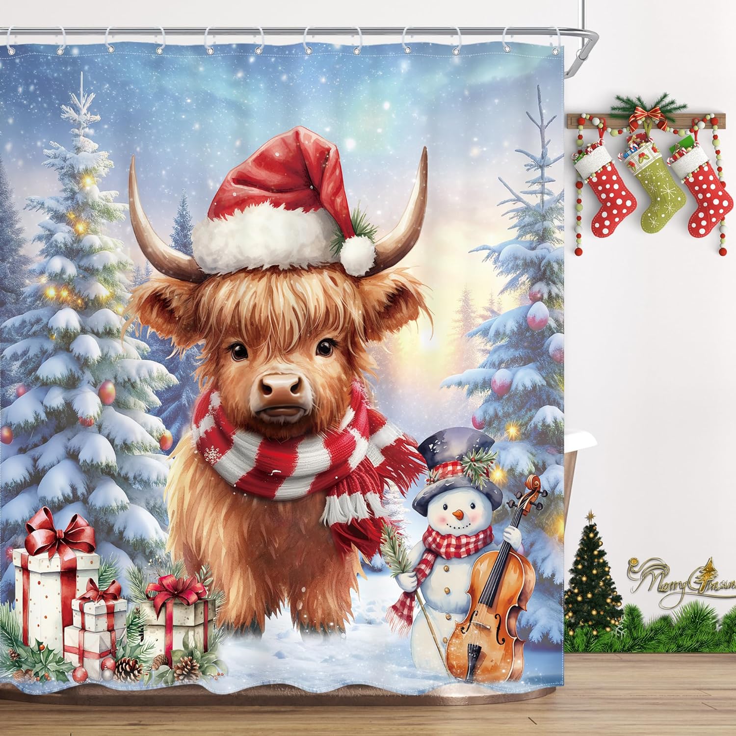 

Рождественская Шотландская Корова Занавеска для Душа Снеговик Скрипка Подарок Елка Дизайн Праздничная Тема Праздничный Декор Водонепроницаемая Ткань Рождество 90x180cm35x71in
