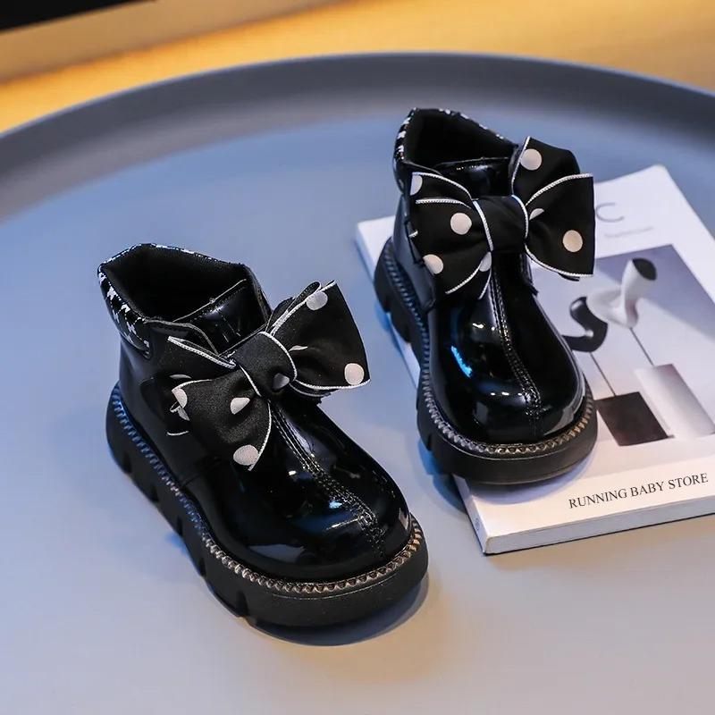 

Winter Girls Ankle Boots Fashion Non-slip Brightly PU Leather Short Boots Cute Polka Dot Bowtie Child Little Girl Boots I07131 26 чорний