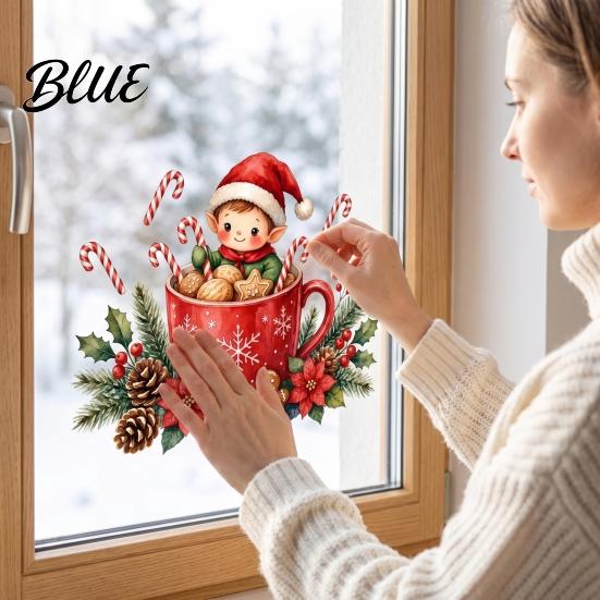 Snowflake Glass Clings Christmas Elf Mug Window Sticker Festive Static Cling Decal Removable Art Gingerbread Man Sticker for Doors Windows Holiday