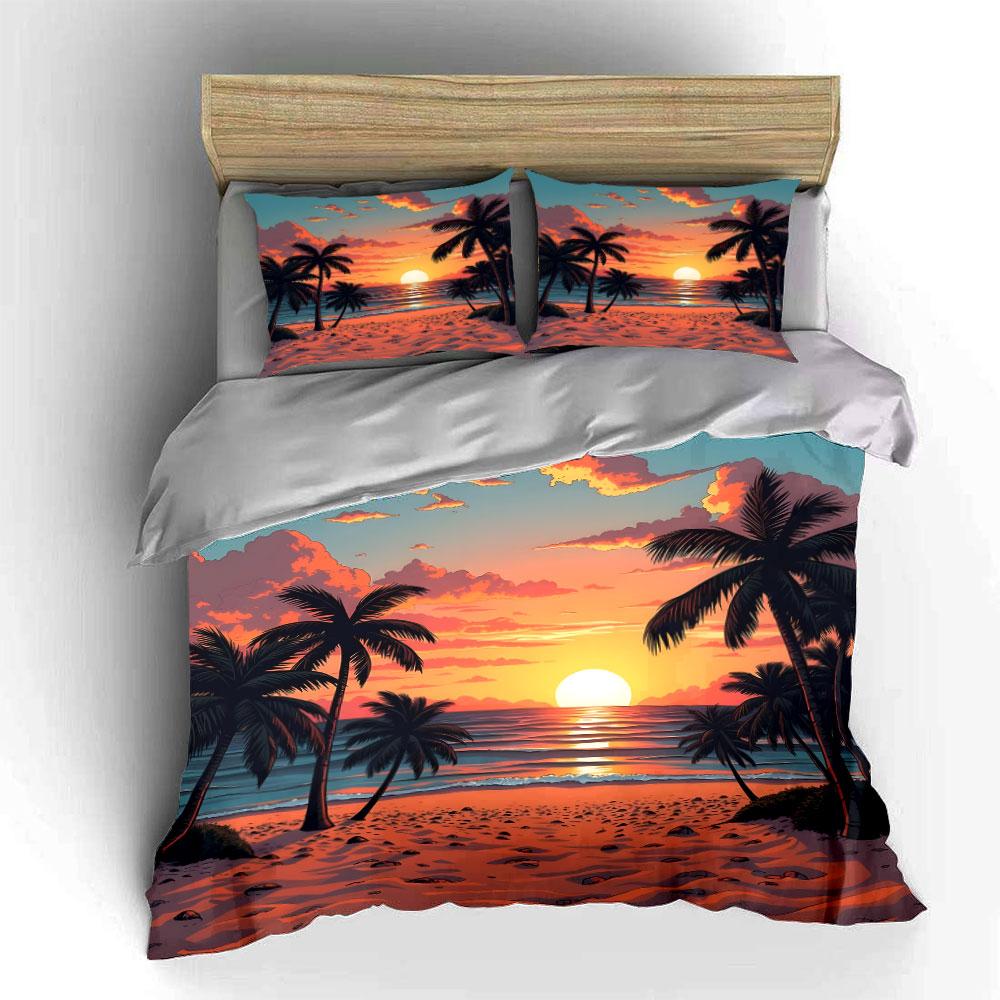 Sunset Beach With Palm Trees Print Bedding Set 1 Duvet Cover 2 Pillowcases For Adult And Children Luxury Gift Full Size