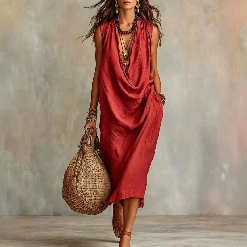 European and American new women's clothing casual sleeves loose swing collar loose holiday dress