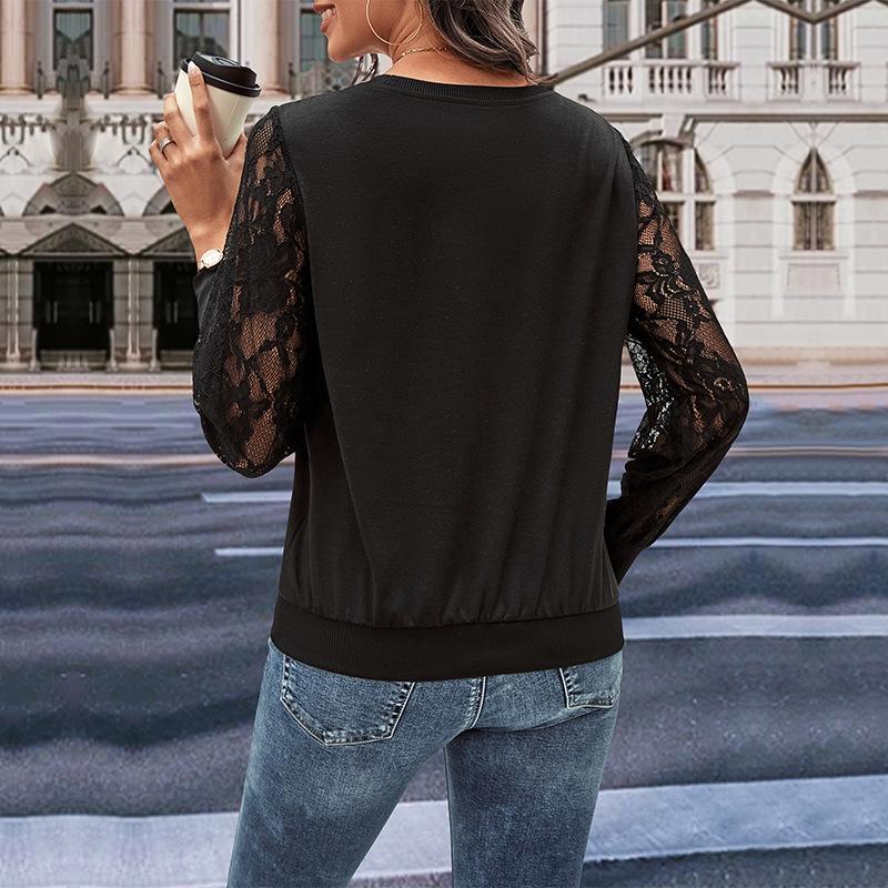 Casual Comfort and Versatility Autumn Women's Solid Color Lace Splicing Sweater Women