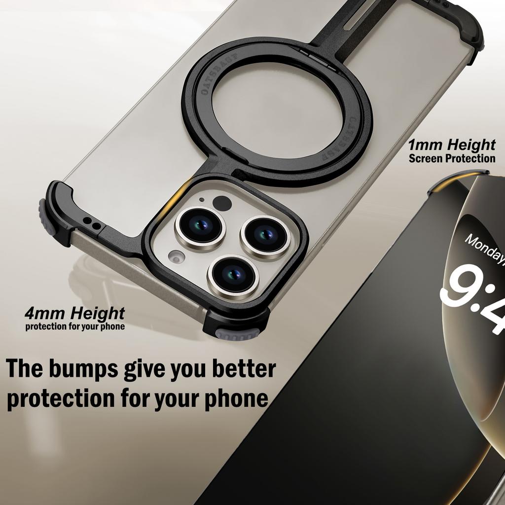 Oatsbasf Minimalist Phone Case for iPhone 16 Pro Max with Ring 360° Rotatable Magnetic Kickstand Metal Frameless Bumper Cover