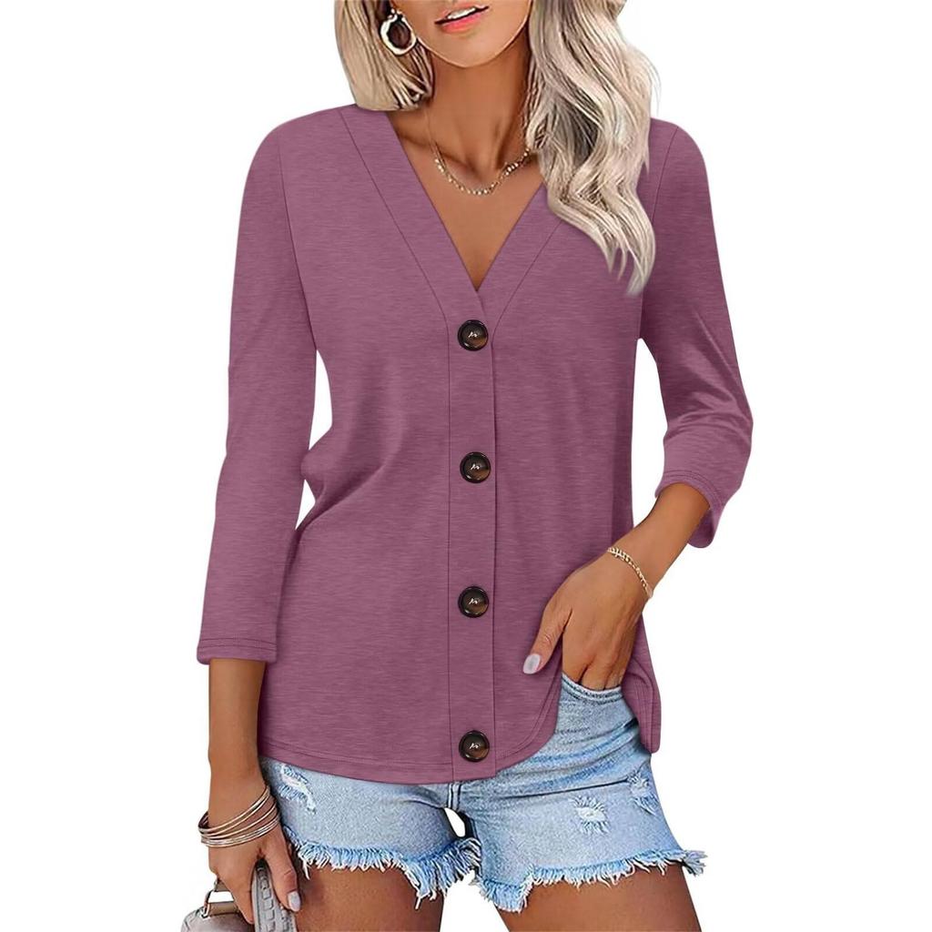 Women's Fashion Casual Solid Color Button-down Shirt 3/4 Long Sleeve Tops