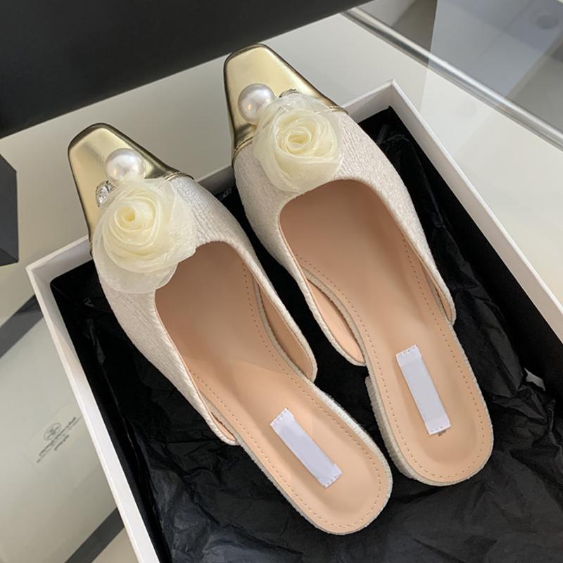 Designer Gold Square Toe Slingback Shoes Women Fashion Pearl Flower Summer Low Heels Pumps Slippers Sandals Female Mules