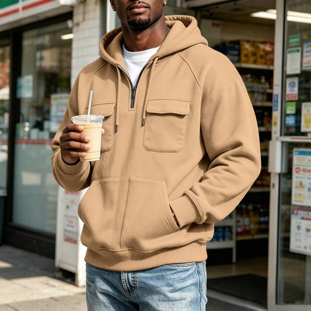 Men's Hooded Jacket with Multiple Pockets Casual Athletic Raglan Sleeve Outerwear
