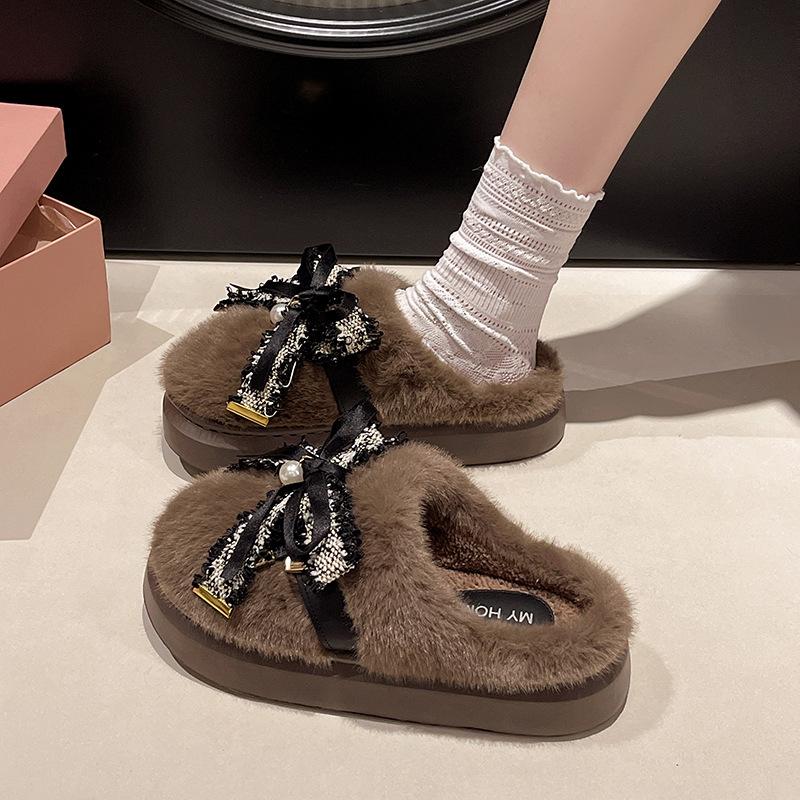 2025 winter new denim bow plush bag head slippers women's home fashion outer wear non-slip cotton mop