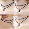 Vintage Kare Rhinestone Charm Kolye Çift Katmanlı Gerdanlık Kolye Takı