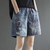 Summer Jeans Elastic Shorts Waistband Loose Casual Straight Leg Short Pants Embroidered Jeans for Women