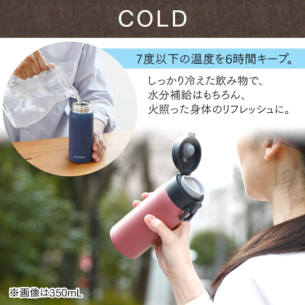 Iris Ohyama 600ml Vacuum Insulated Water Keeps Water Cold or Hot for 6 Mug Metallic Gray SB-O600M Bottle, Hours, One-Touch Bottle,