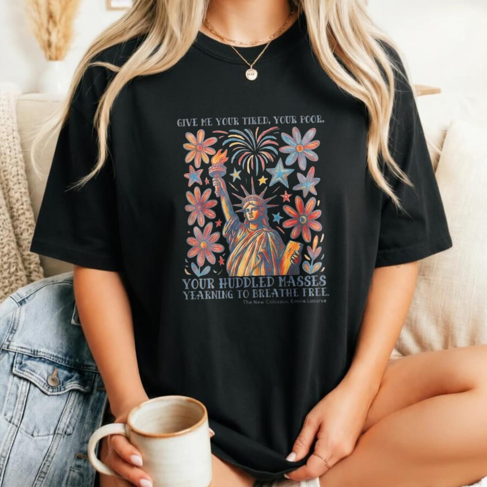 Give Me Your Tired Statue Of Liberty Womens Tee, Floral Firework Immigrant Quote Graphic Shirt, Huddled Masses Liberty Freedom Short Sleeve XL