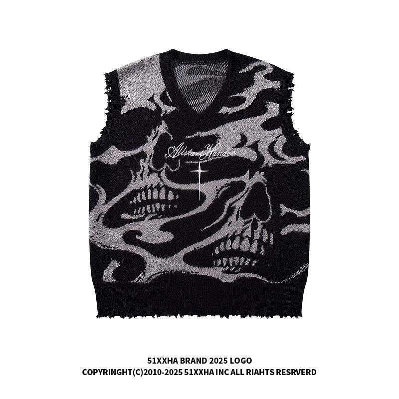 51 Hip-Hop American Street Style Skull Cool Loose Knit Sweater Unisex Trendy Brand Letter Embroidery V-Neck Sweater Vest