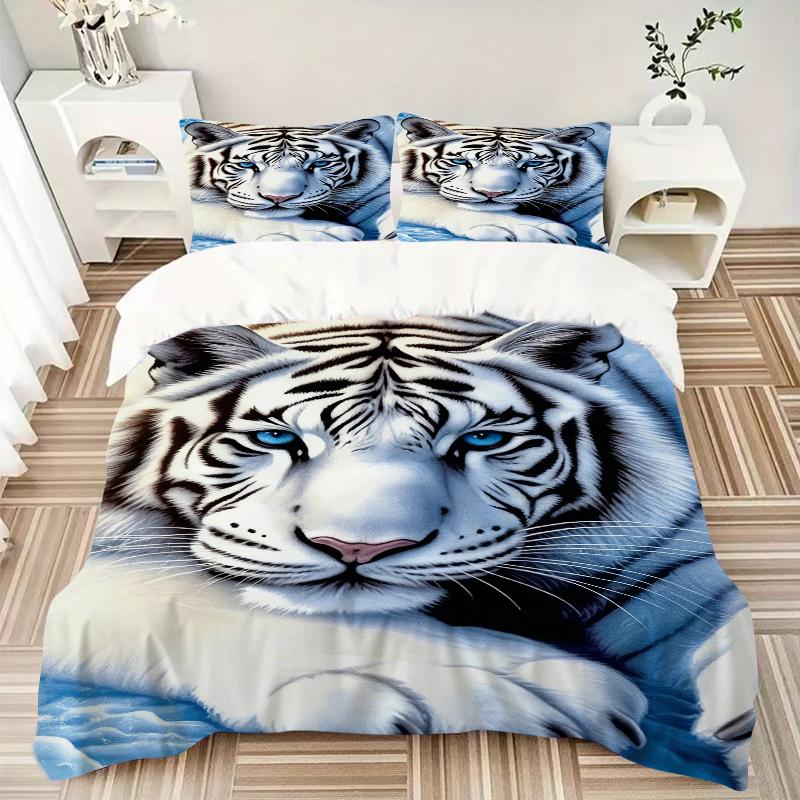 3Pcs White Tiger Majesty Bedding Set Quilt Cover Pillowcase Home Christmas Xmas Halloween Gift 1 Duvet Cover 2 Pillowcase M928822