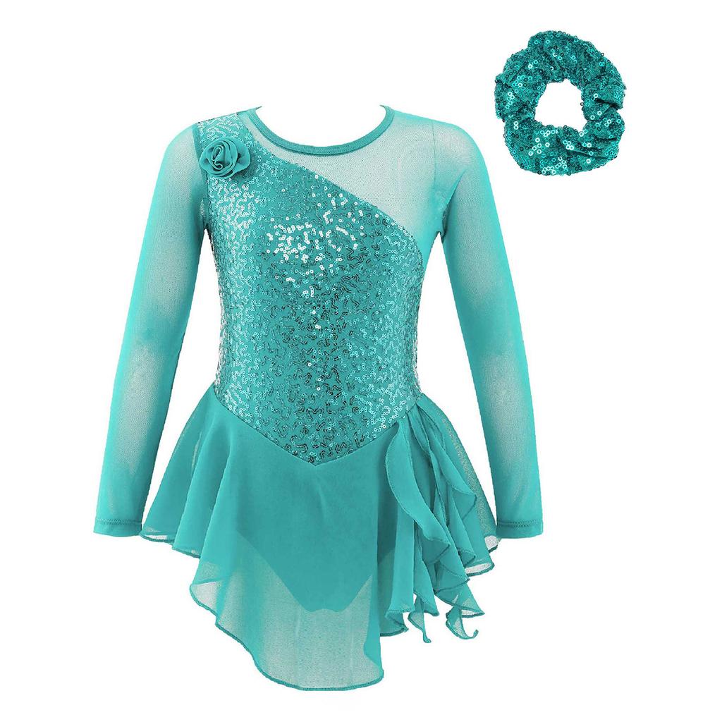 Vestido de Baile para Niñas Manga Larga Escote Redondo Decoración de Lentejuelas Flor Delantera Espalda Hueca Traje de Actuación