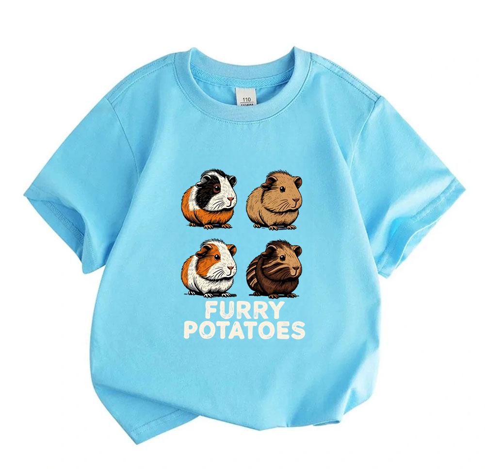 Unisex Kids Boys Girls 100% Cotton Crew Neck Short Sleeve T-Shirt, Cute Guinea Pig Furry Potatoes Graphic Casual Summer Tee for Children