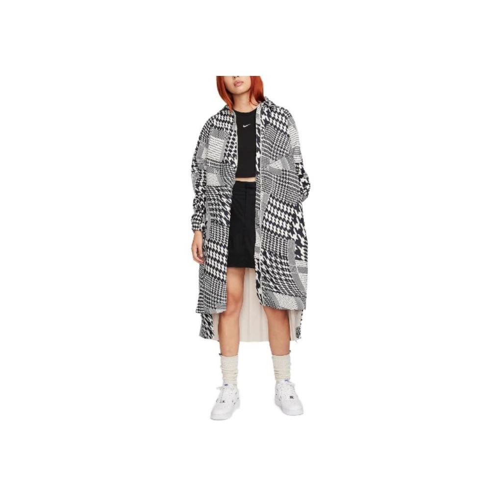 Nike Houndstooth Irregular Splicing Side Slit Full Zip Collar Long Sleeve Trench Coat Women Outerwear Black FB8273-104