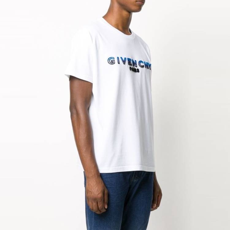 Givenchy T-Shirts Men's White Blue Crew Neck Moderate Straight Fit BM70UY3002-114