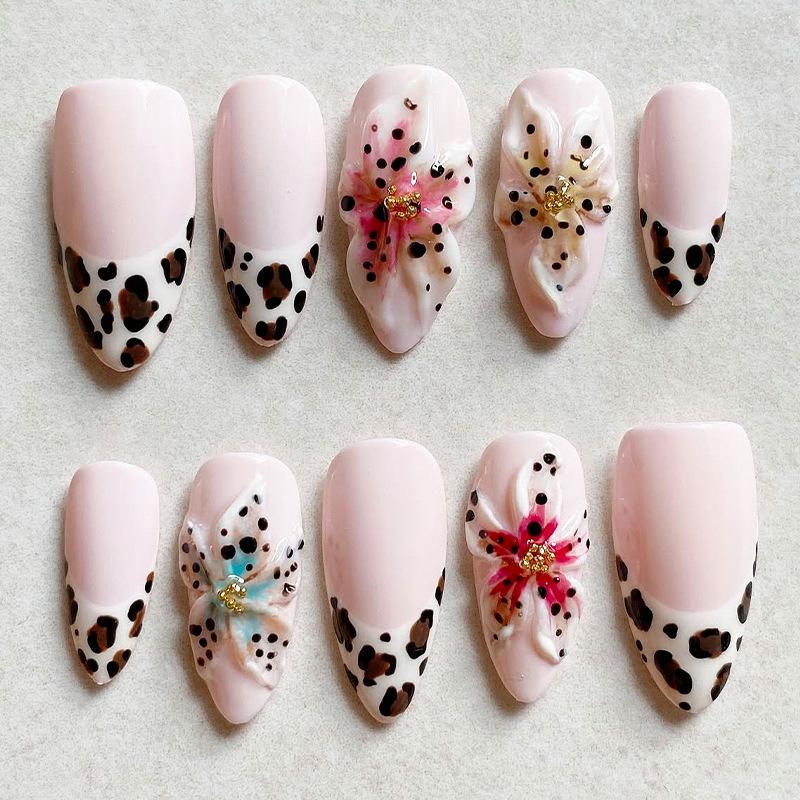 24PCS Leopard Print French Press On Nails with Glue 3D Flowers Simple Red Blush Patterns Fake Nails for Women Almond False Nails