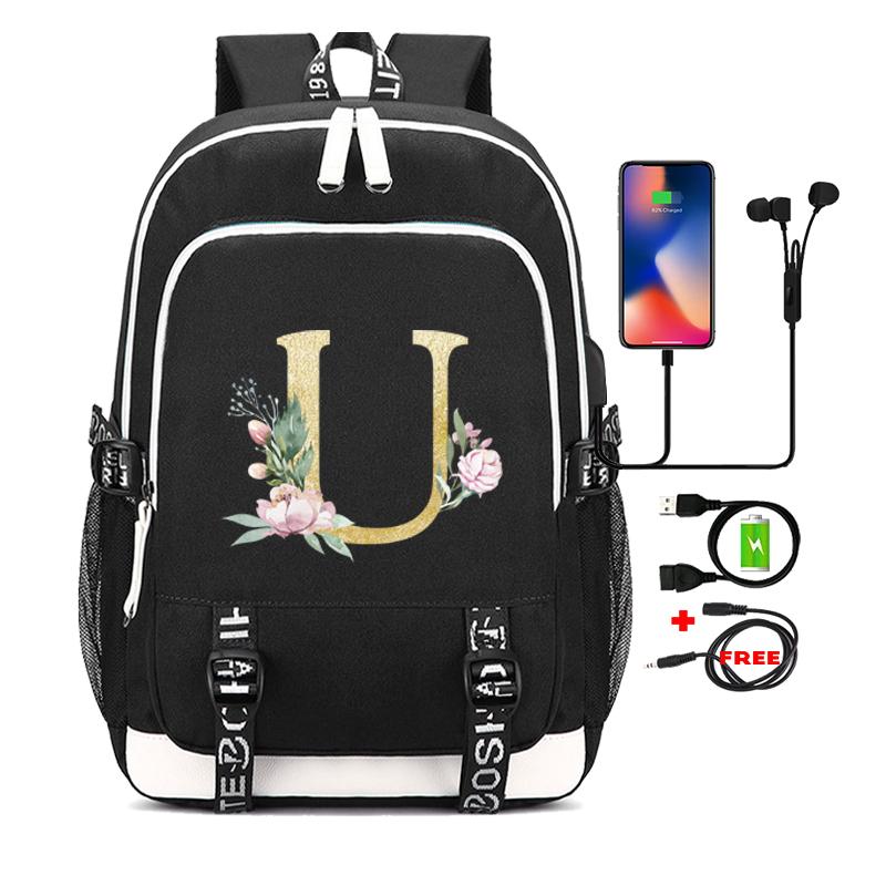 26 English Letters Black Backpack Cosplay Canvas Rucksack Children Kids Schoolbag Travel Bag Back To School Bookbag