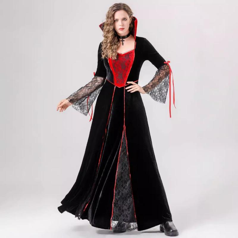 Halloween Vampire Queen Witch Red and Black Long Dress Demon Dress Up Costume Cosplay Costume