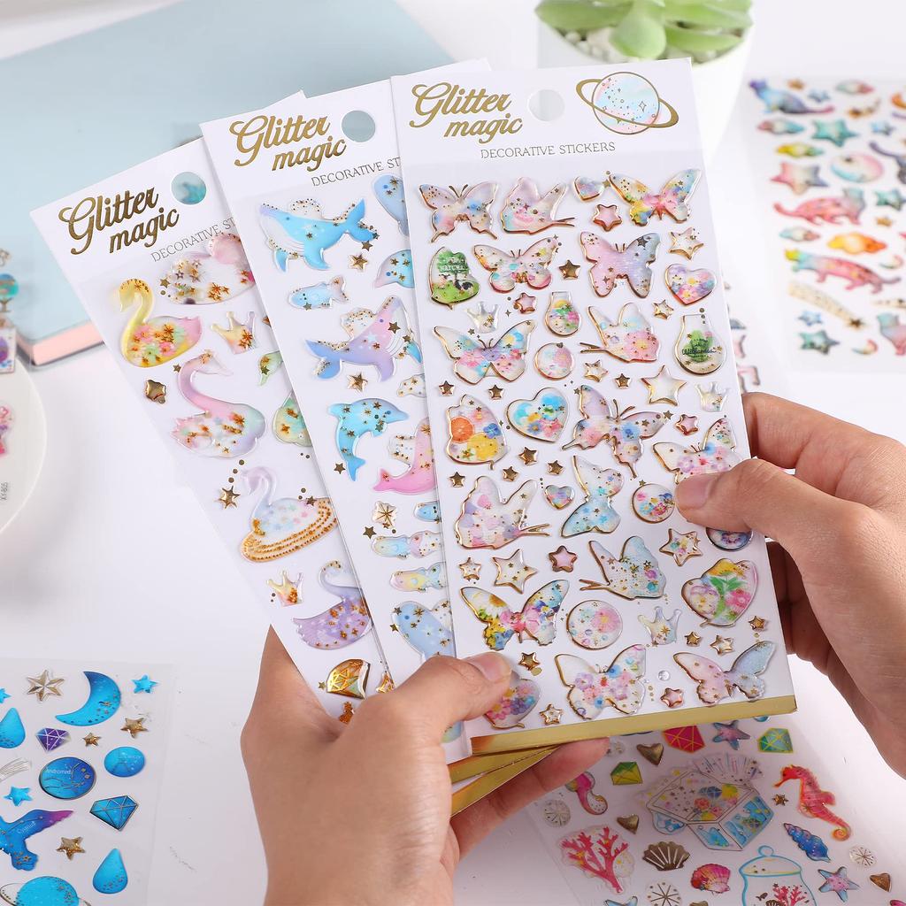 SANNIX Glitter Stickers for 14 Reward Planner Puffy 3D Reward Planner Marine Flower Girls, Sheets, Stickers, Stickers, Stickers, Glitter, Heart,