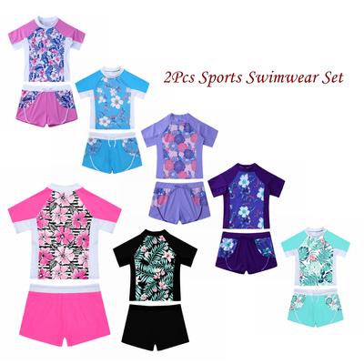 Dziecięcy dziewczęcy Rash Guard Tankini z nadrukiem kwiatowym T-shirt z krótkimi spodenkami do pływania Strój kąpielowy