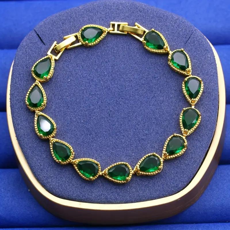 Vintage Jewelry Set For Women Green Water Drop Zirconia Gold Plated Includes Bracelet, Earrings, Pendant Adjustable Ring
