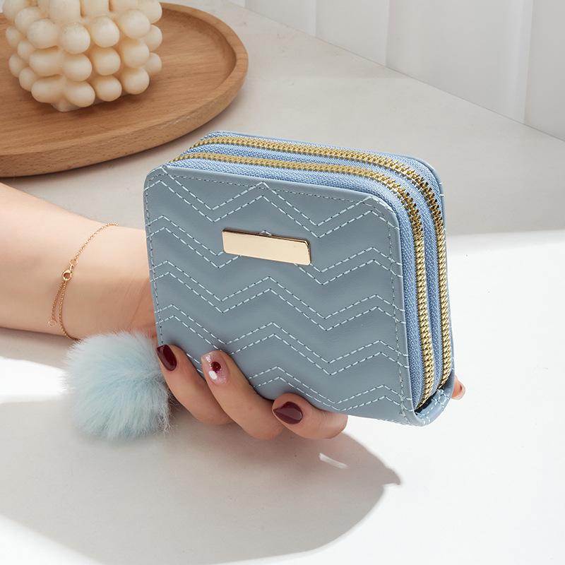 

Women s short wallet, new wavy pattern embroidered hairball pendant, change bag, casual and fresh small card bag.