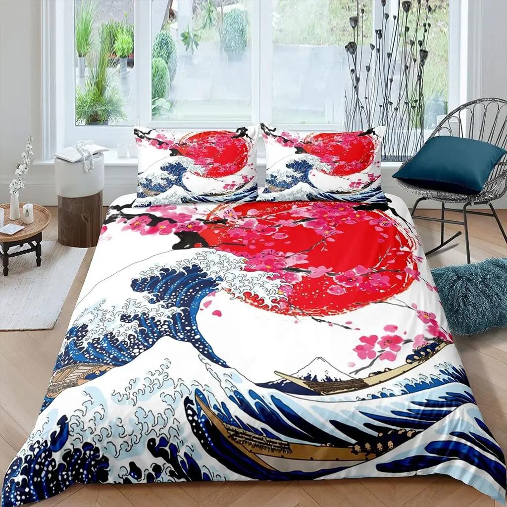 Comforter Japanese Wave King Queen Blue Sea Bedding Set Maple Leaf Moon Hokusai Ukiyo-E Polyester Comforter