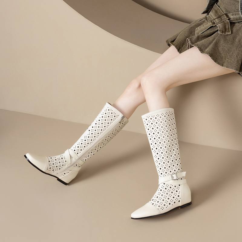 Krazing Pot Rindsspaltleder Runde Zehe Größe 43 Sommerstiefel Mode Ritterstiefel Hohle Verzierungen Herbststiefel Oberschenkelhohe Stiefel