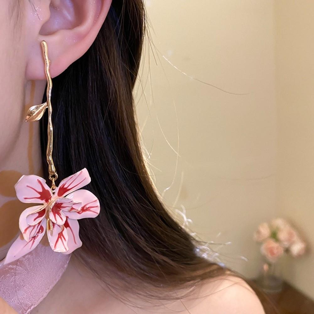 Zinc Zinc Alloy Enamel Flower Drop Earrings with Leaf Stalk Stud Earrings Floral Pendant Earrings  Women