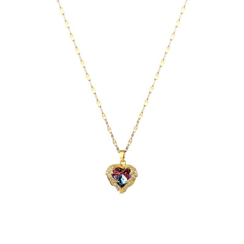 Korean Heart of the Ocean Necklace: Colorful Crystal Pendant, 18K Gold-Plated Titanium Steel, Light Luxury Clavicle Chain