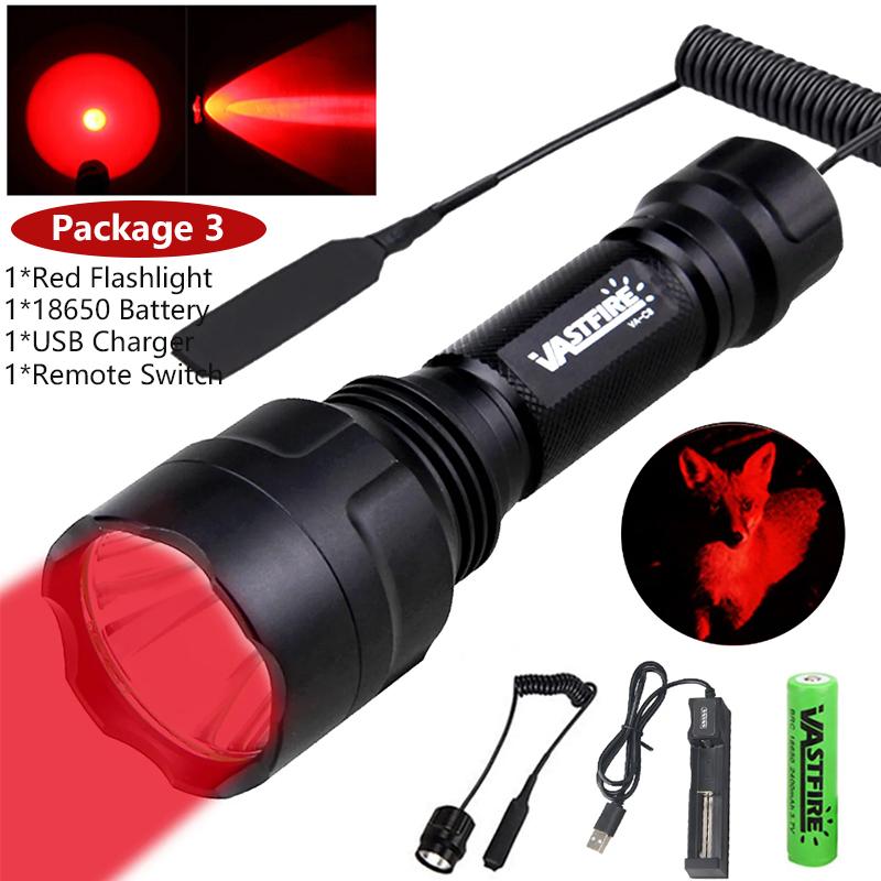 LED Tactical Hunting Flashlight 350LM 600-800 Yards Range C8 Green Red White 1-Mode Torch USB Rechargeable Lantern Lights Set