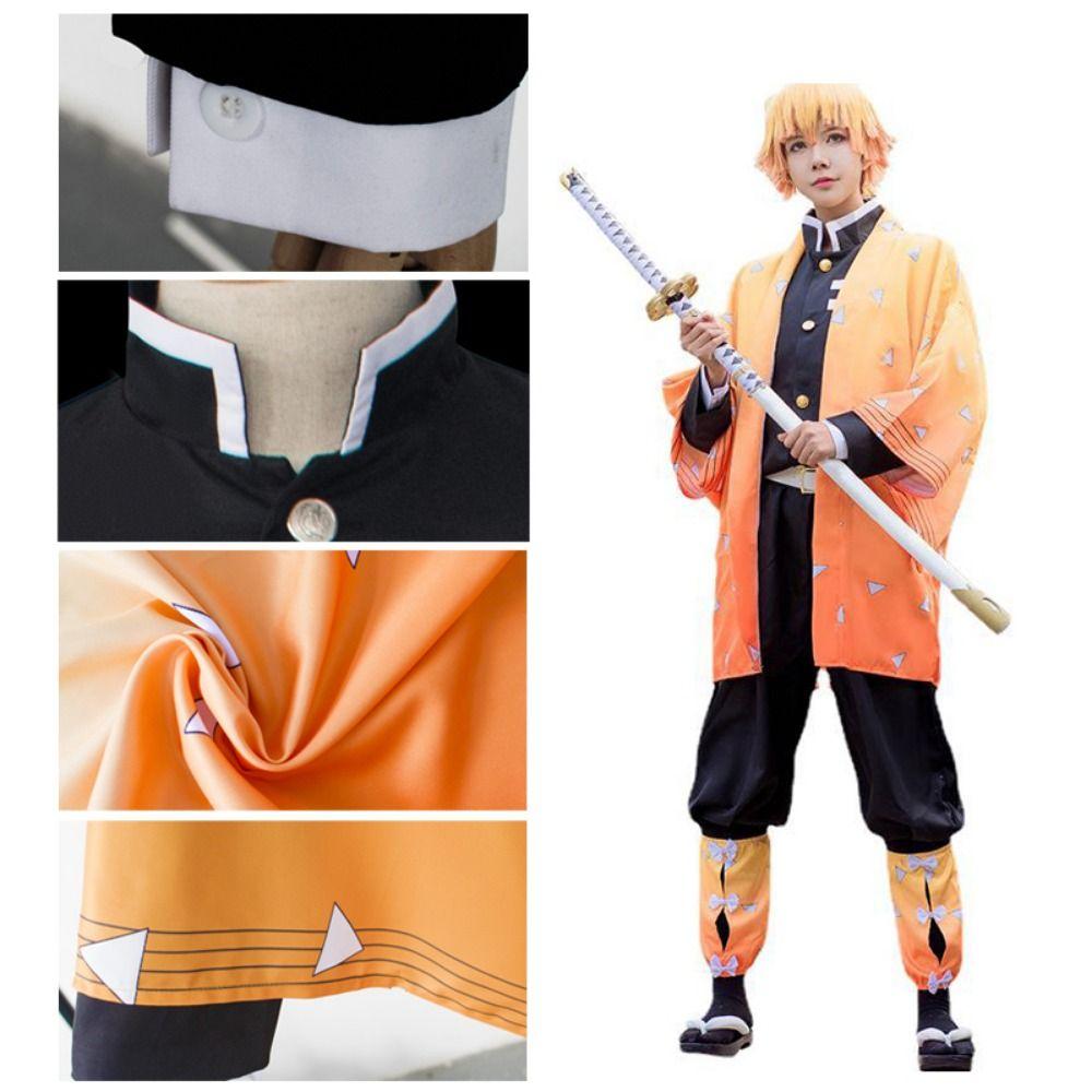 Agatsuma Zenitsu Cosplay Costume Wig Haori Embroidery Top Elastic Pants Belt Rose Net Cos Halloween Christmas Gift