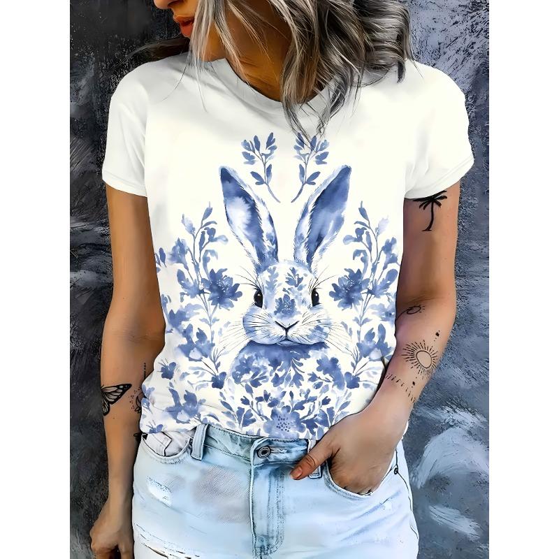 

White Women s Tee - Blue Porcelain Style Rabbit & Floral Graphic, Elegant Chinese Pattern Design for Casual Daily Wear 5XL