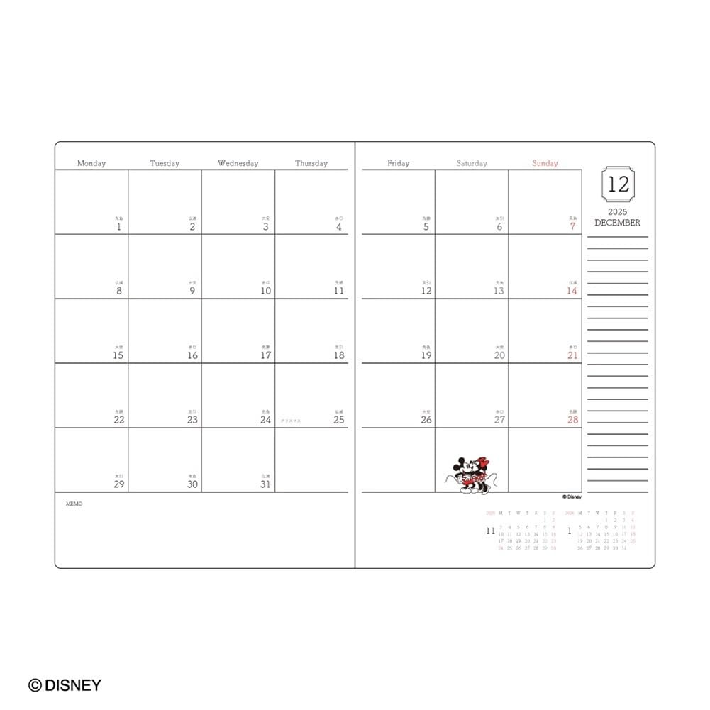 Daigo 2026 Disney Weekly Mickey December 2025 Start Planner, Left, B6, Mouse, Black, E6160,
