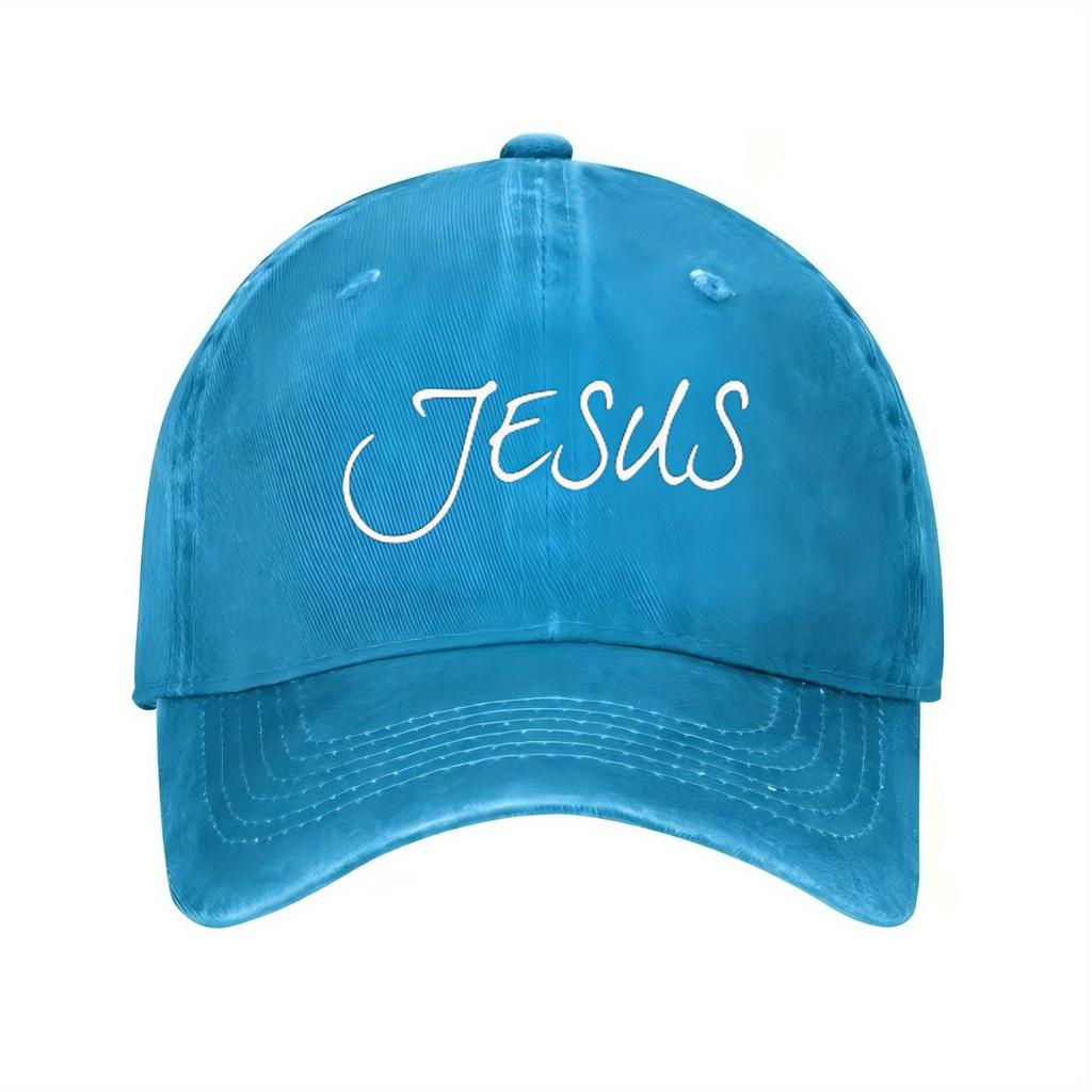 Jesus Cursive Lettering Baseball Cap Polyester Distressed Casual Unisex Hat for Church Events