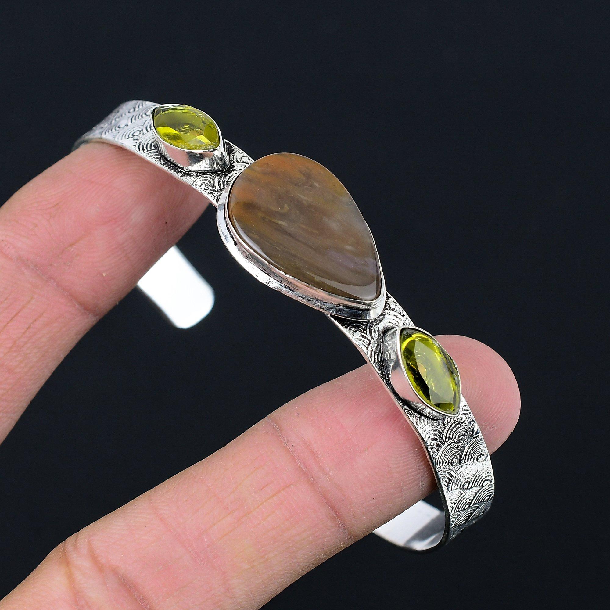 

Natural Landscape Jasper Gemstone Bangle Adjustable 925 Silver For Women Adjustable