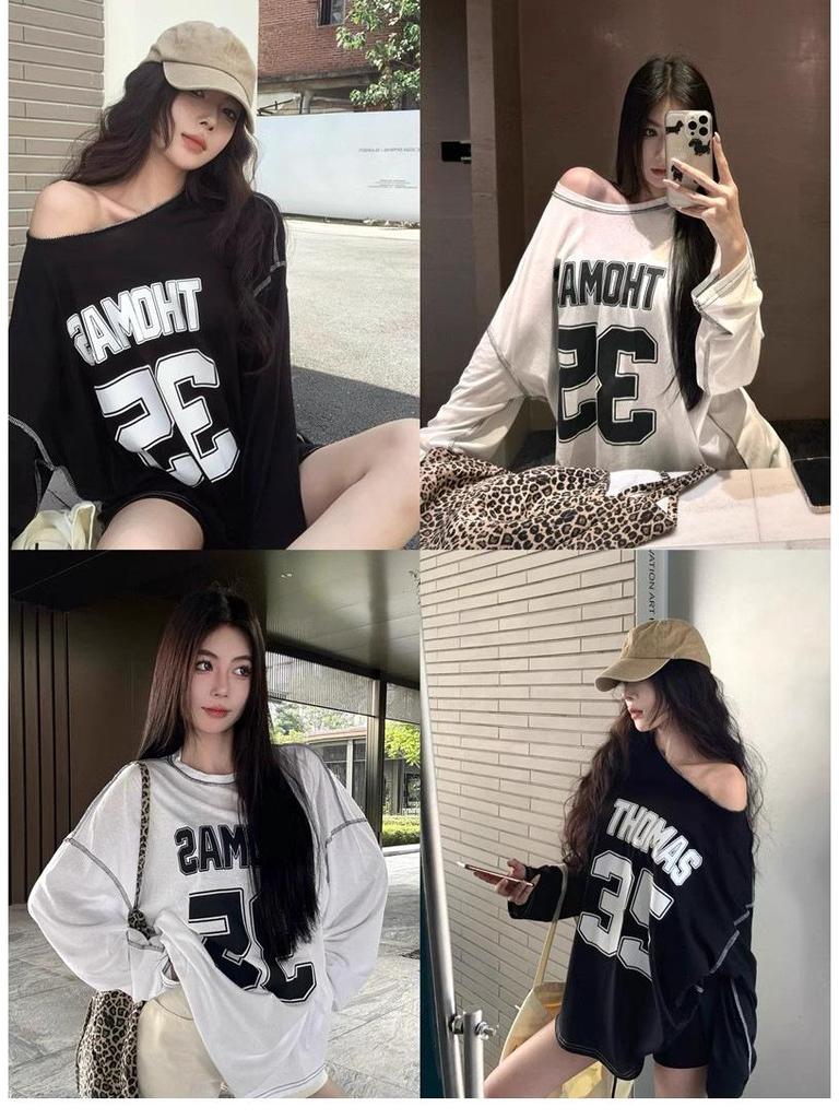 Jinliang Cienka Bawełna Lycra Koszulka z Długim Rękawem - Luźny Krój, Styl Casual