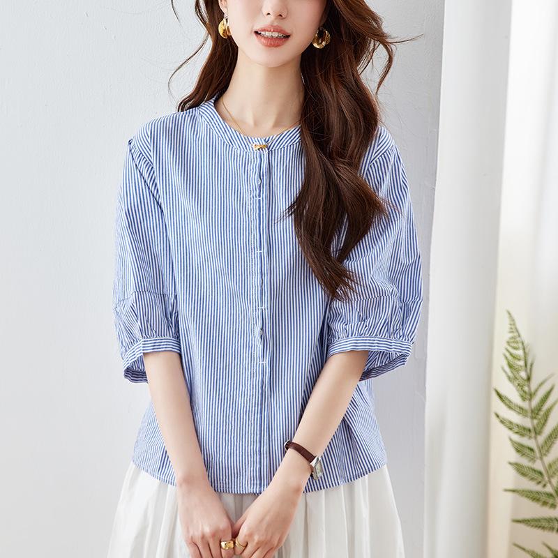 Round Neck Blue Striped Shirt for Women Short-sleeved Summer New Top Loose Casual Cotton Shirt