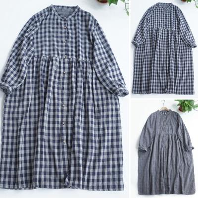 Women Dress V Neck Plaid Print Long Sleeve Single-breasted Double-layered A-line Loose Hem Pleated Shirring Cuff Spring Fall Midi Dress