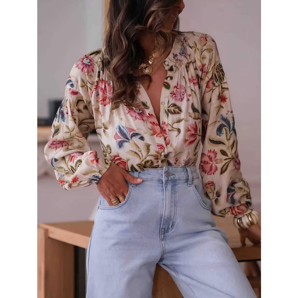 Women's Printed Long Sleeve Shirt Spring Autumn Casual Blouse Top For Women European American Fashion Foreign Trade Crossbody Apparel