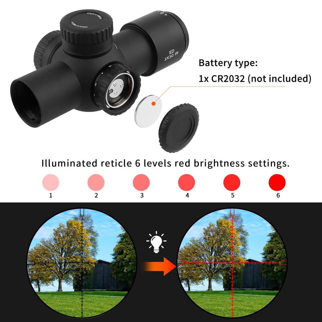 FOCUHUNTER 3x30 Prism 1200G IP67 Red Green 12cm Compact Short Tactical Sight for and Airsoft Riflescope, Shockproof, Waterproof, 6-Level Half-Mildot,