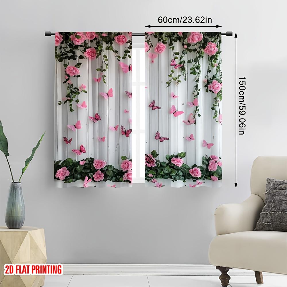 2Pcs Polyester Butterflies Pink Roses Printing Window Curtains Birthday Party Decoration Backdrop Drapes for Living Room