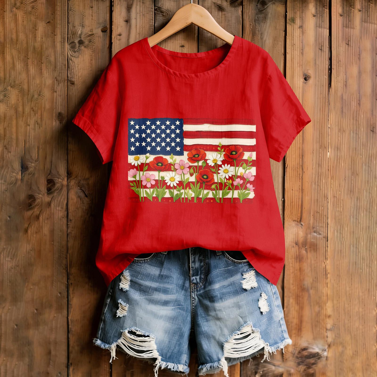 Women s American Floral Patchwork Print Casual T-Shirt 0Th Anniversary USA Shirt Patriotic Tshirt S