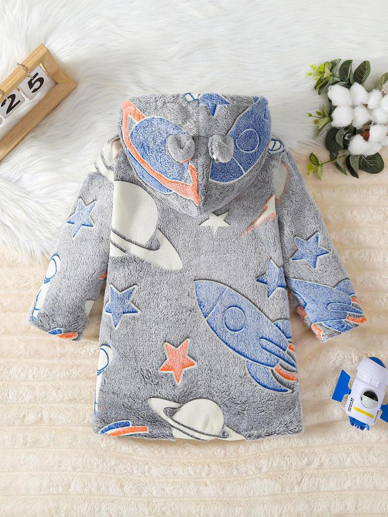 European & American Boys' Plush Hooded Jacket with Stars & Astronaut Flowers