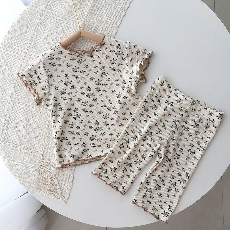 Kid's 2 Piece Printed Suit Short Sleeve Button Up Top Wide Leg Pants Suit Set Pajamas Home Casual Suit