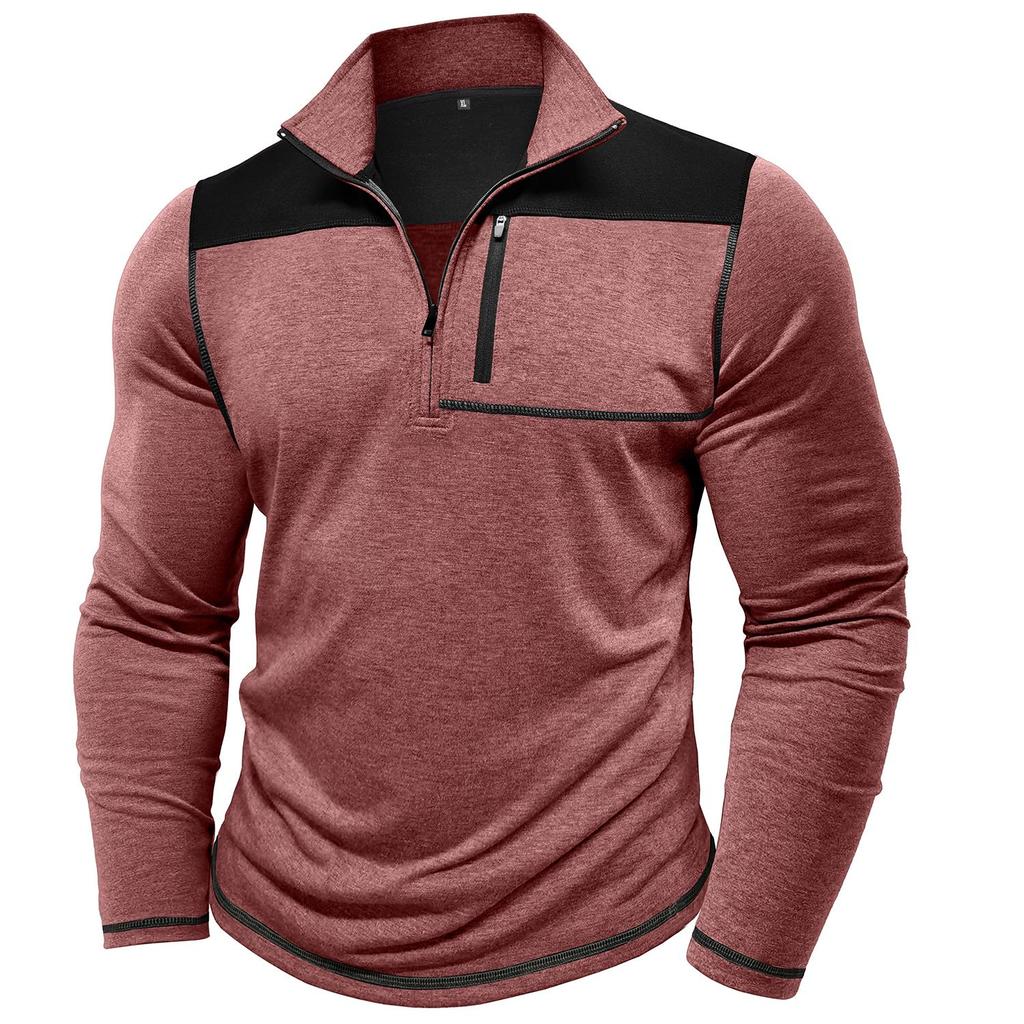 Men’s Tops Stand Collar Long Sleeves T-Shirts Contrasting Color Sweatshirts Zip Up Chest Pocket Autumn Spring Casual Sports Wear