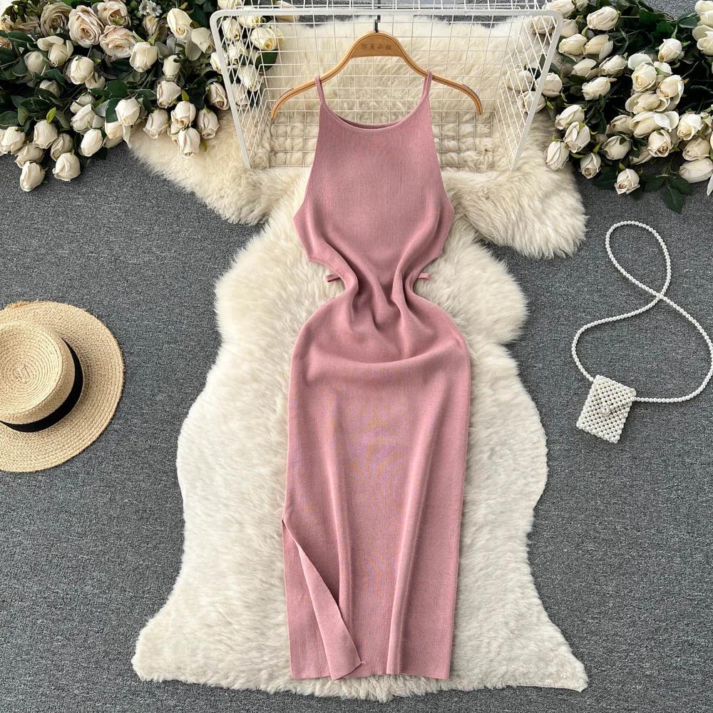 Summer Knit Sexy Strap Dress Women Elatic Waist Bodycon Sundress Female Beach Split Backless Long Dress