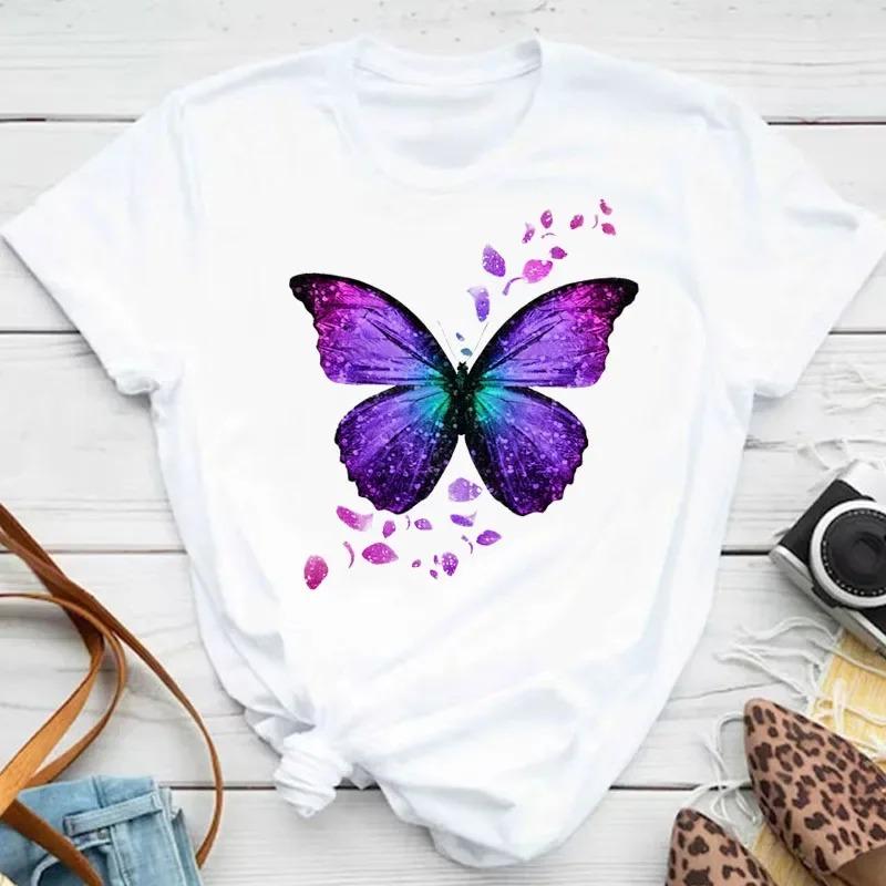 

Colorful Butterfly Petal Print Short Sleeve and Round Neck Cute Graphic Tee Shirts FeUnisex Tops Clothing Fashion Women Tshirt S